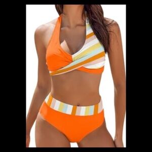 Orange Striped Women's Halter Bikini.37